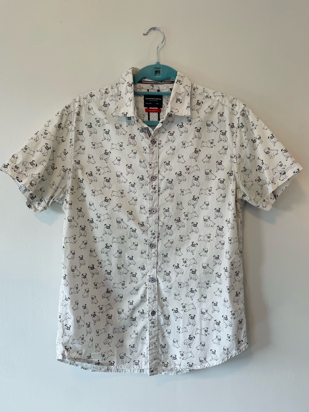 Denim & Flower White Cotton Pug Print Casual Button-Up Shirt Slim Fit Size M